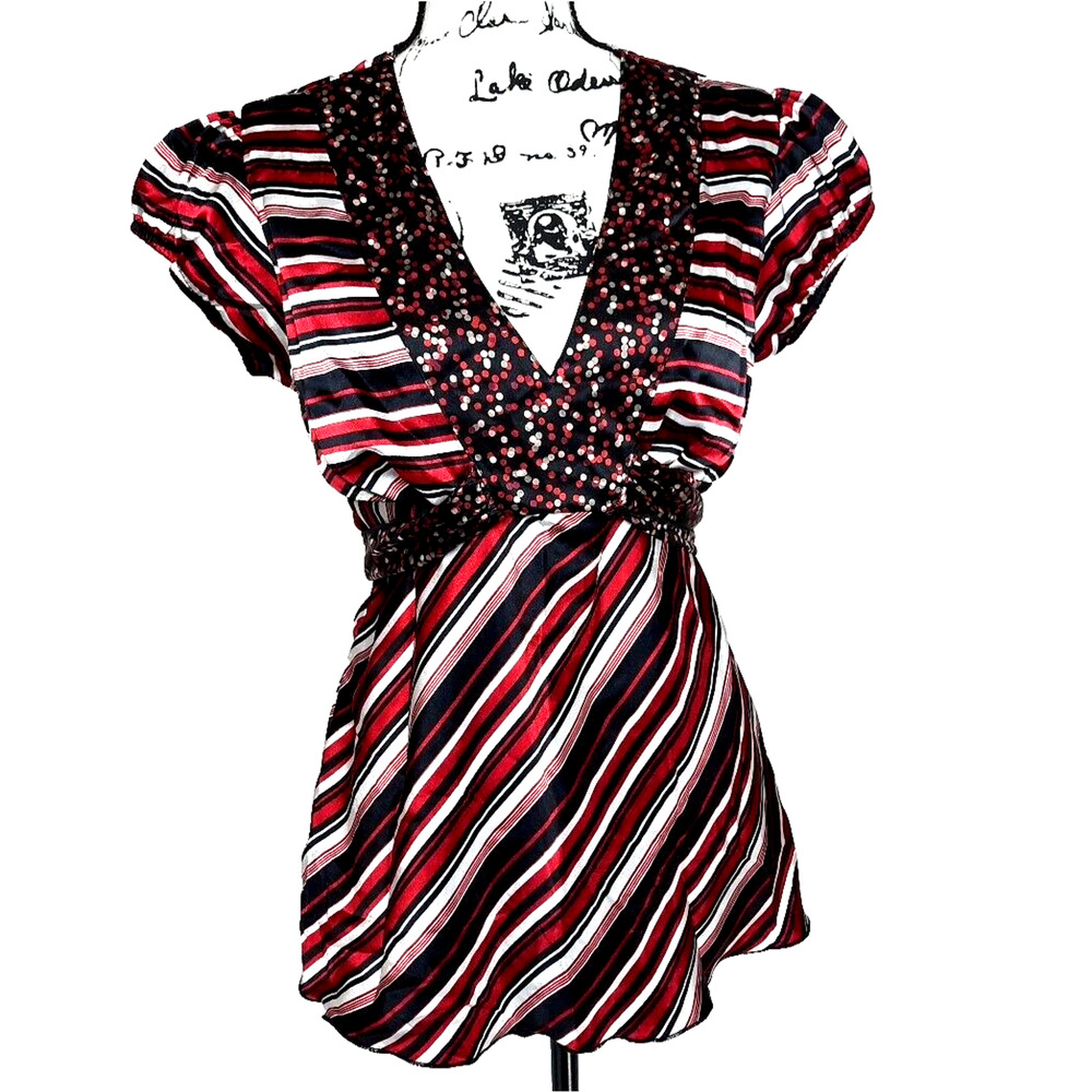 Vintage 90s Y2K Satin Babydoll V-Neck Belted Top XL Red Striped Ruffle Friends